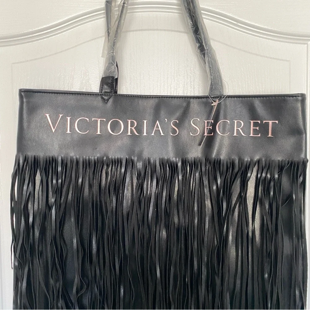 Victoria's Secret Black Fringe Tote Bag Purse Rose Gold Logo‎ 15x17